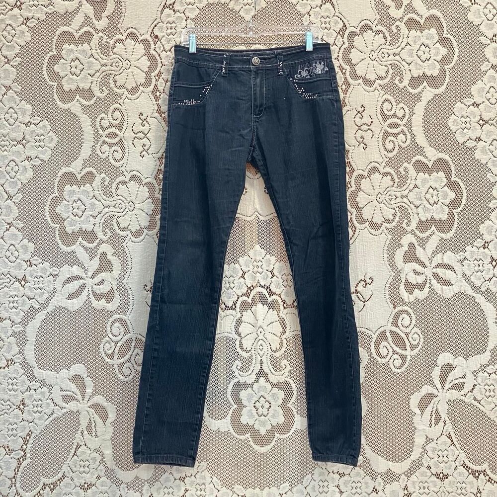 Y2K dark wash blue denim skinny jeans with silver heart embroidery & rhinestones